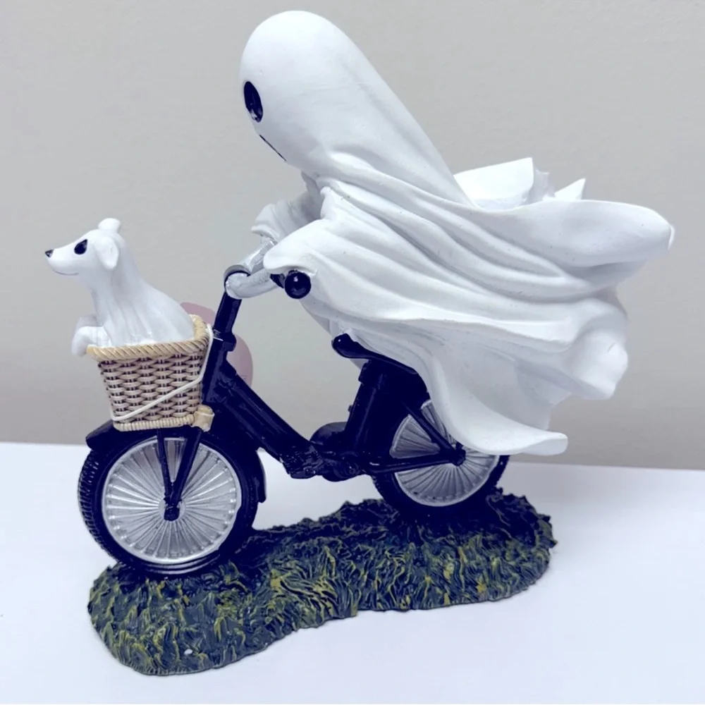 New Ghost Riding Bicycle with Ghost Dog in the Basket Figurine, Halloween